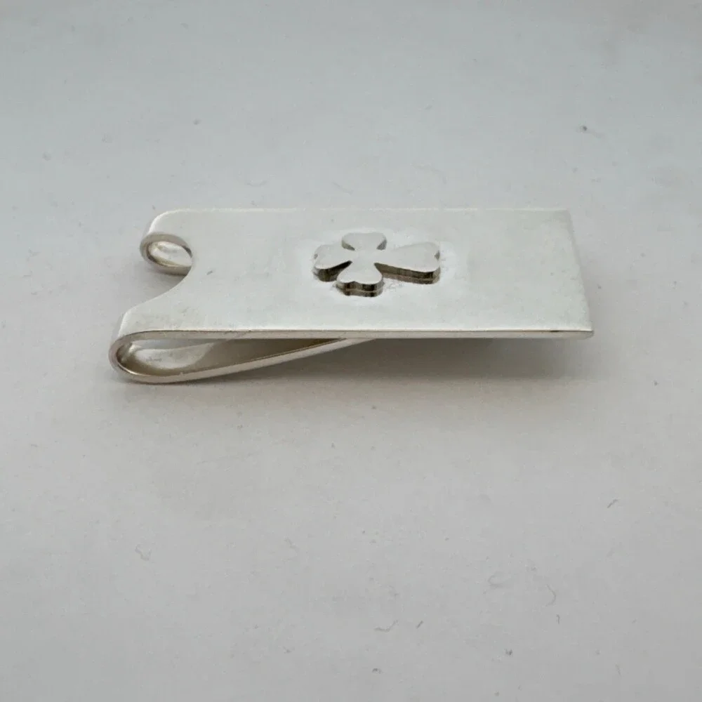 Estate 925 Sterling Silver Clover Cross Rectangular Small Unisex Money Clip